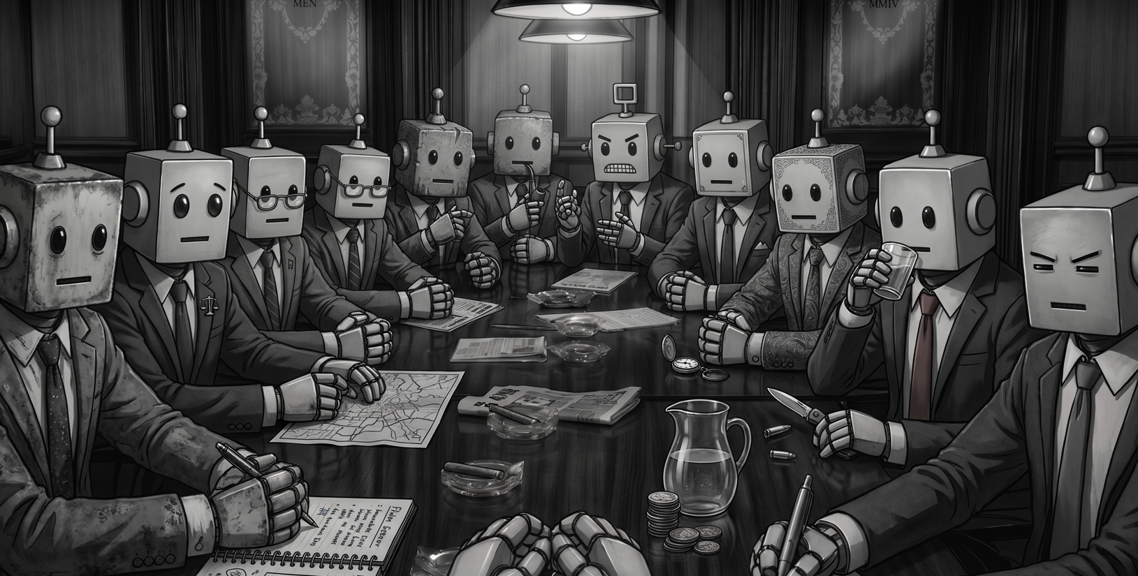 12 robotic AI agents deliberating